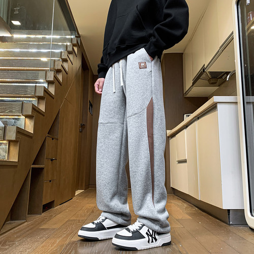 秋冬季加绒卫裤男大童初中生纯棉裤子帅气青少年男孩直筒运动长裤