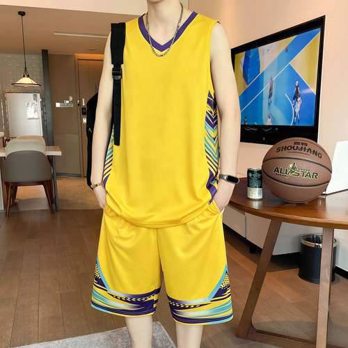 V领t恤运动套装男夏季薄款速干冰丝无袖背心青少年学生篮球服一套