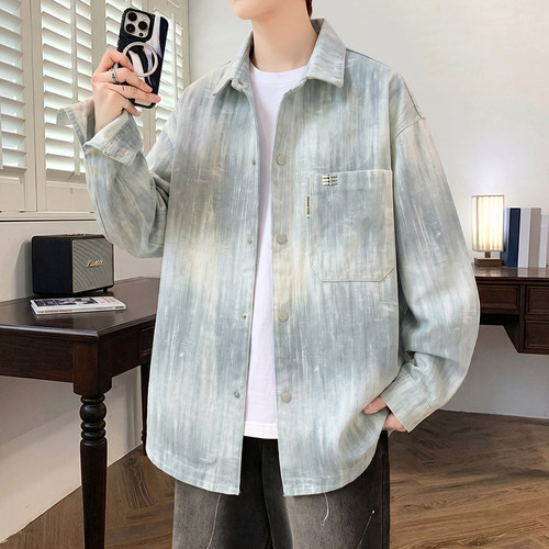 扎染水洗翻领牛仔外套男春秋季高级感长袖衬衫青少年男装秋装夹克