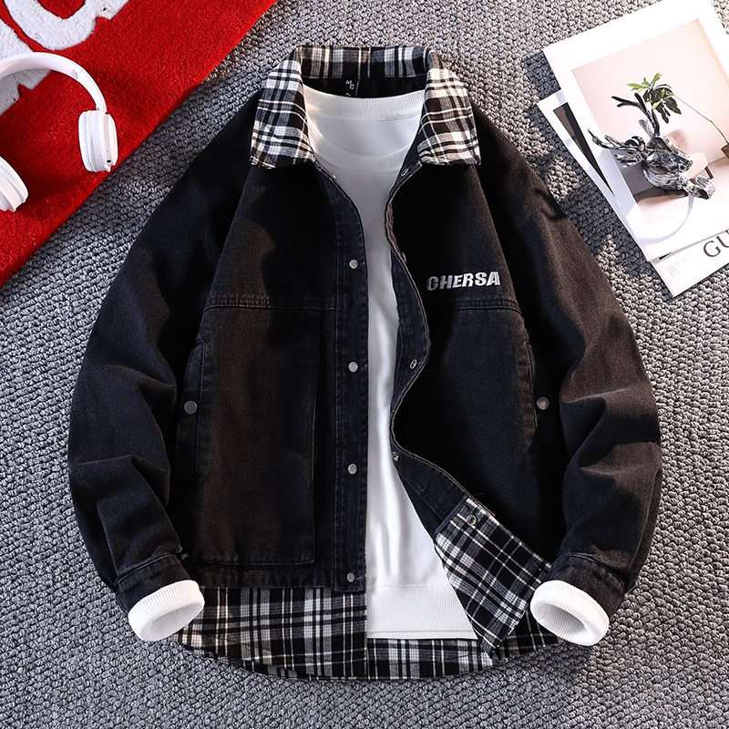 美式高街牛仔外套男初高中学生春秋款翻领夹克帅气青少年男孩上衣