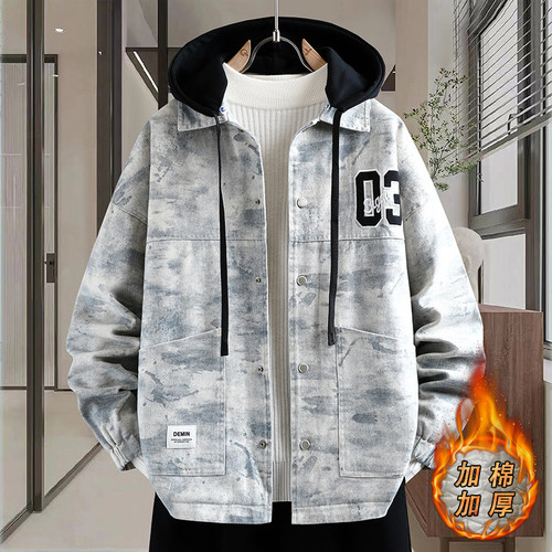 夹棉加厚连帽外套男青少年牛仔夹克秋冬季初高中学生宽松休闲棉衣
