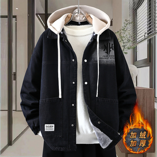 青少年秋冬季 加绒加厚外套男孩大童宽松休闲牛仔夹克初中学生棉服