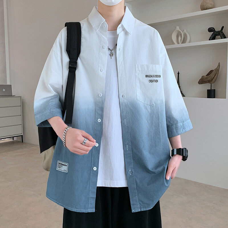 纯棉短袖衬衫男夏季初高中学生七分五分袖衬衣宽松帅气大童上衣服