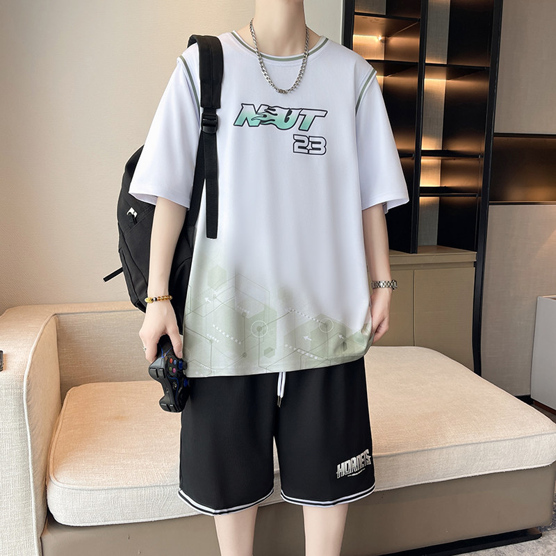 男孩运动套装夏季初高中学生篮球服青少年冰丝短袖t恤一整套夏装