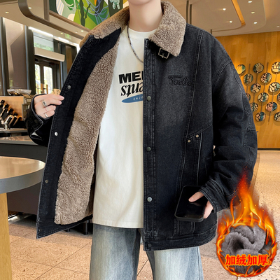 加绒加厚翻领夹克男士冬季高级感痞帅牛仔外套韩版潮休闲男装上衣
