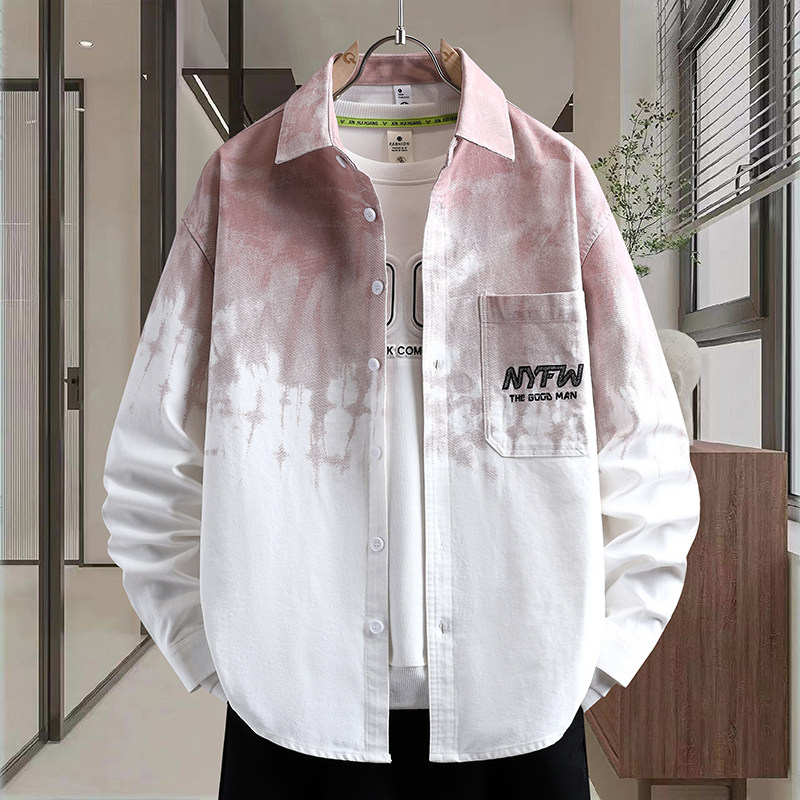 渐变撞色纯棉长袖衬衫外套男秋季帅气青少年宽松休闲外搭翻领衬衣