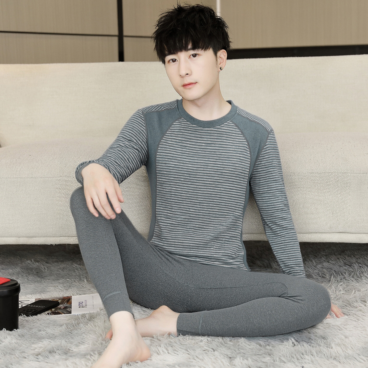 青少年条纹秋衣秋裤套装男士打底衫初中高中学生线衣大童保暖内衣