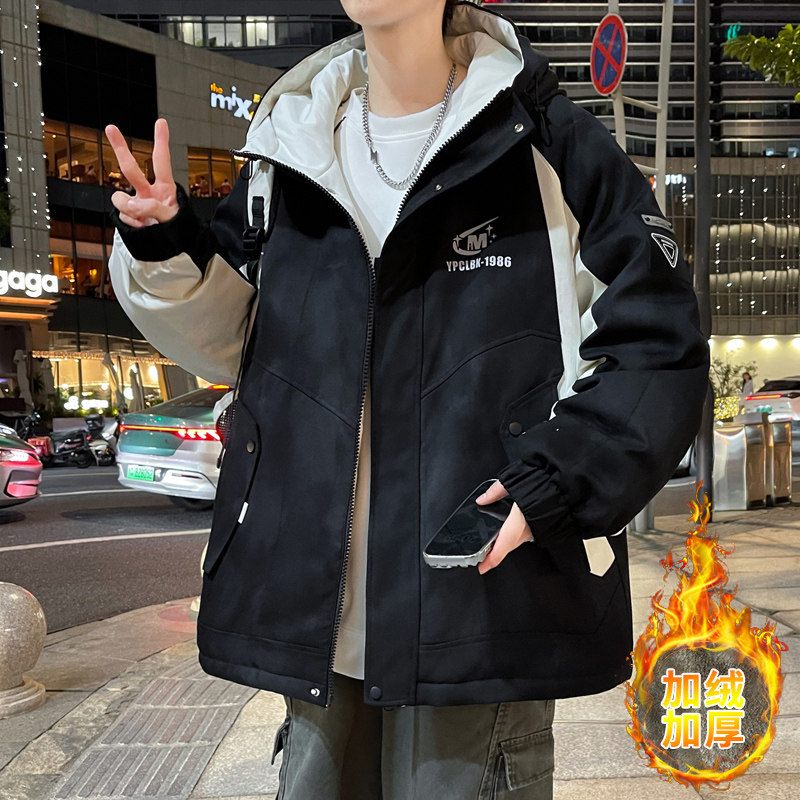 秋冬季加绒加厚外套男时尚潮流脏脏布夹克青少年帅气初中生冲锋衣