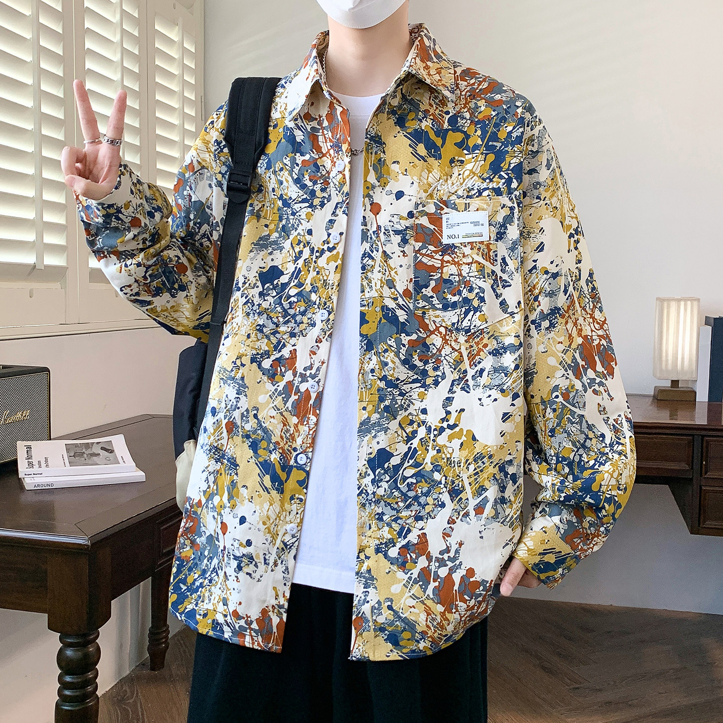 时尚纯棉长袖衬衫男春季初高中学生外套潮流设计感刺绣青少年衬衣