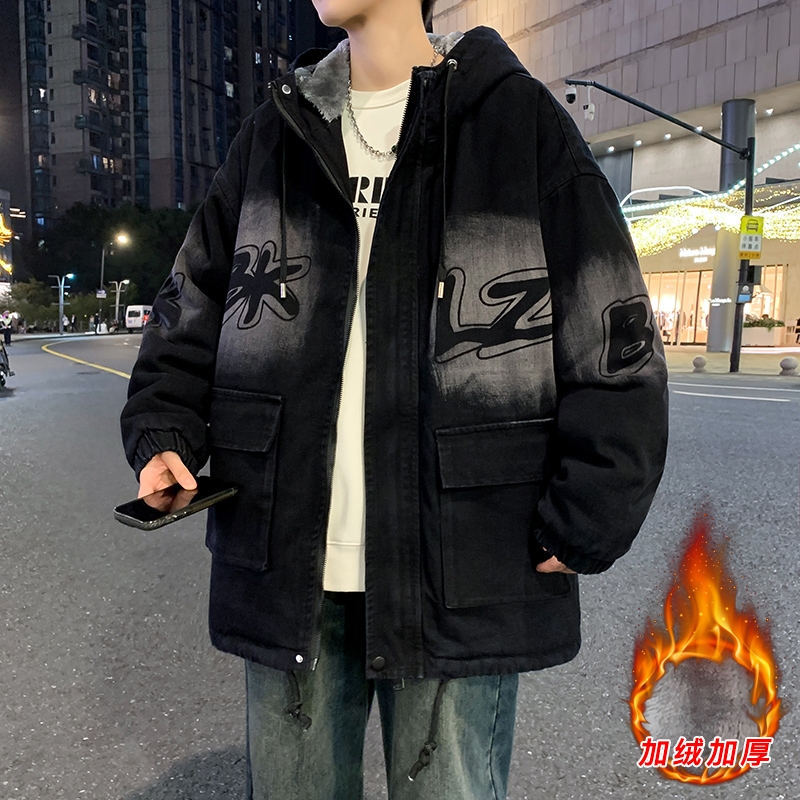 青少年宽松牛仔外套男冬季加绒加厚美式潮牌初中学生连帽夹克棉衣