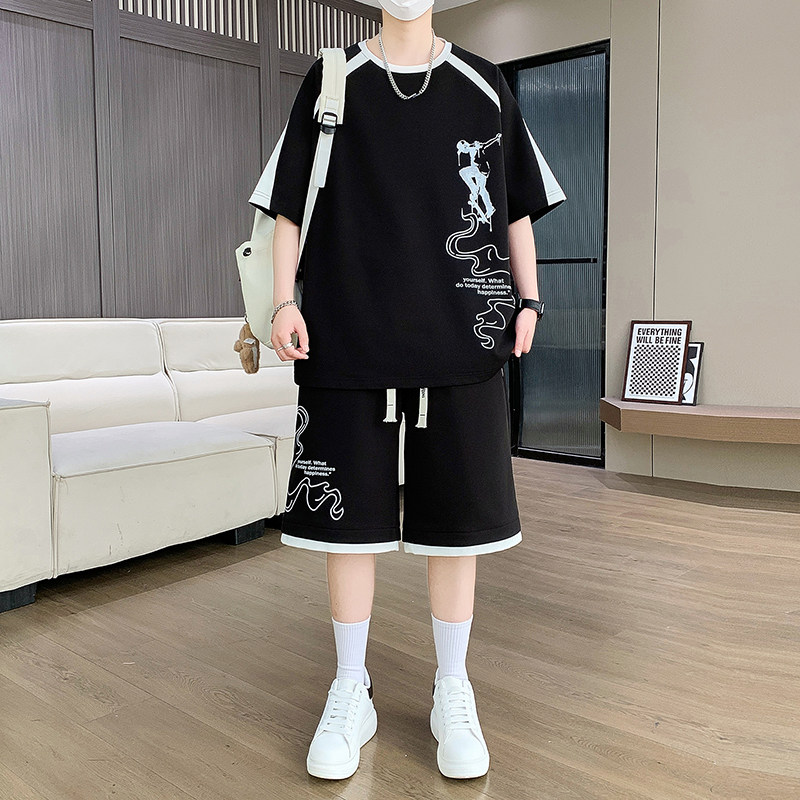 青少年短袖t恤运动套装男夏季高级感痞帅初高中学生夏装一套衣服