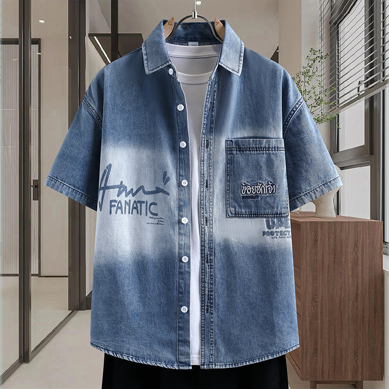 字母刺绣牛仔短袖衬衫男青少年夏季高级感痞帅初高中学生衬衣外套