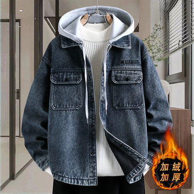 冬季水洗复古加绒牛仔外套男士加厚保暖棉衣可拆卸帽宽松夹克棉服