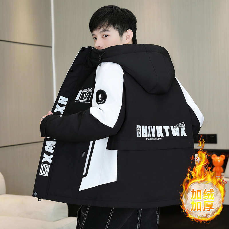 青少年加绒冲锋衣外套男秋冬季时尚潮流加厚夹克初中学生大童棉衣