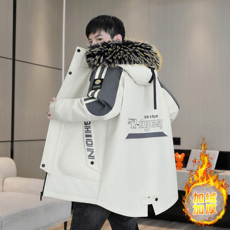 青少年棉衣冬季中长款派克服外套男加绒加厚帅气高中学生保暖袄子