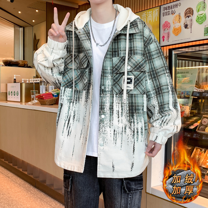 渐变色格子外套男青少年秋冬季加绒加厚牛仔夹克男孩初中学生棉衣