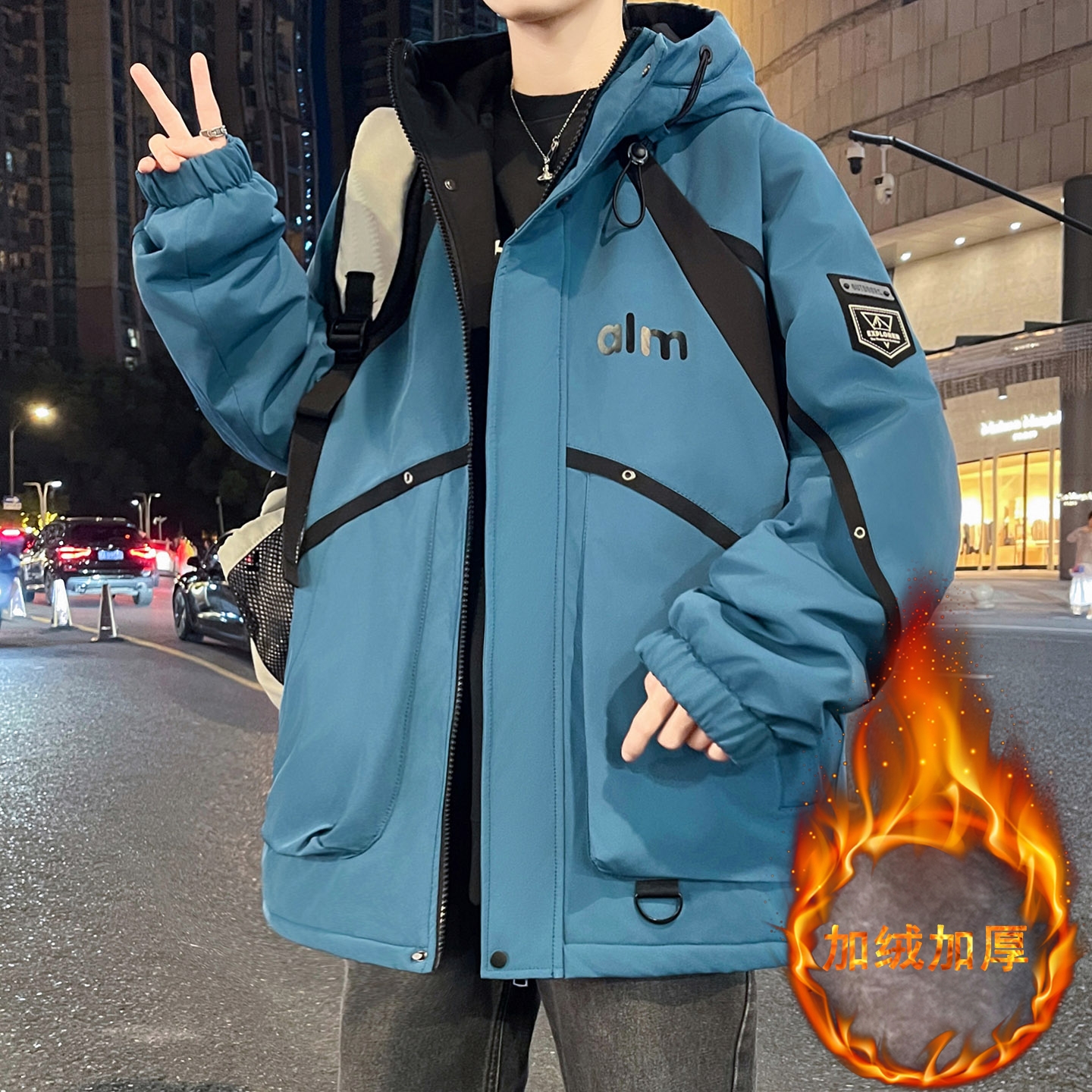 秋冬季外套男款青少年加绒加厚连帽夹克高级感痞帅高中学生冲锋衣