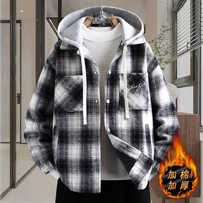 字母刺绣格子外套男秋冬季初高中学生加绒加厚褂子青少年男装夹克