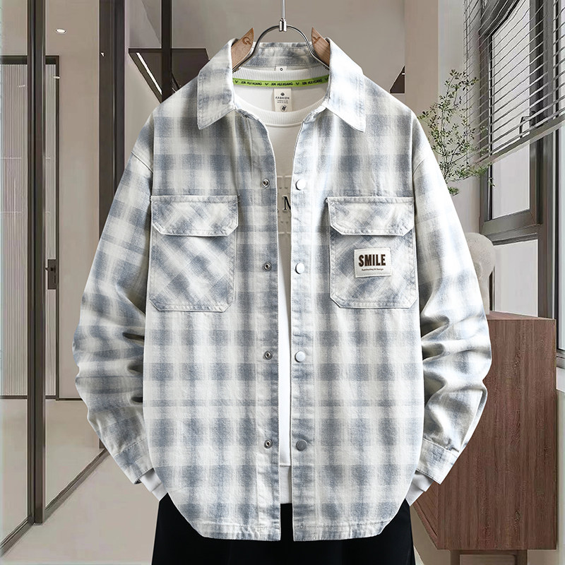 2026新款格子衬衫男青少年牛仔衣外套帅气初高中学生复古翻领夹克,男装,牛仔外套,淘宝优惠券,粉丝福利购,淘宝优惠卷