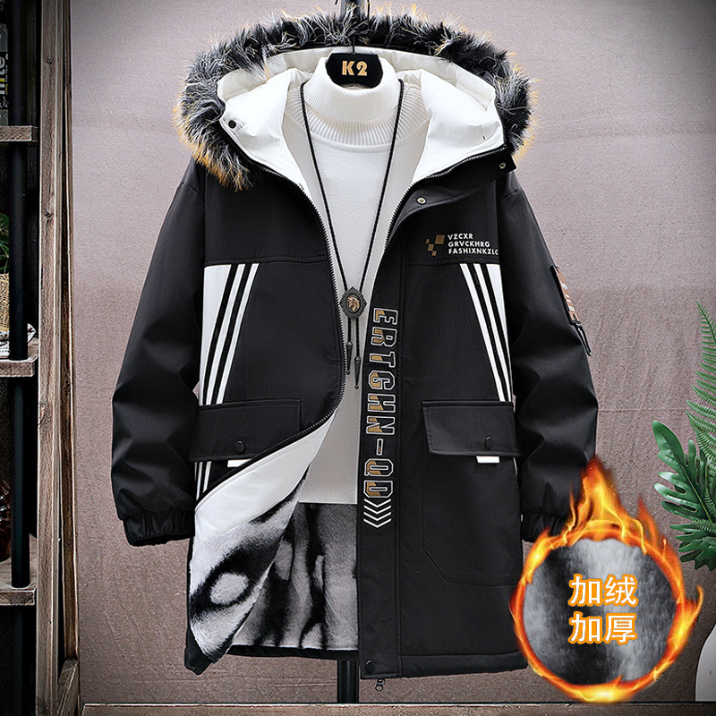 加绒加厚中长款棉衣外套男孩青少年冬季防寒爆款连帽派克棉服袄子