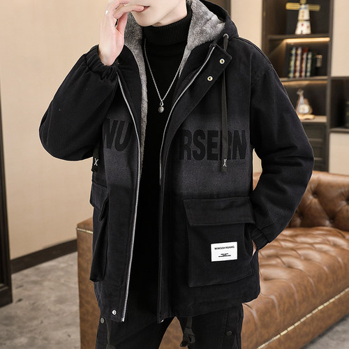 冬季青少年牛仔外套男加绒加厚派克服潮流宽松帅气初高中学生棉衣