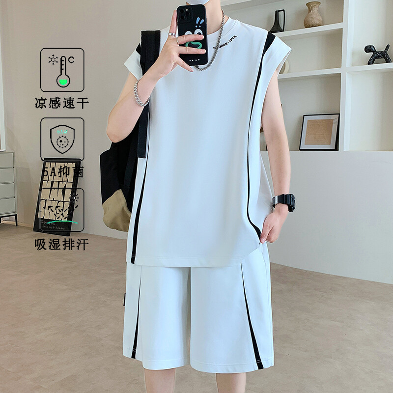 青少年无袖t恤男孩大童夏季运动服套装男高中初中学生冰丝棉背心