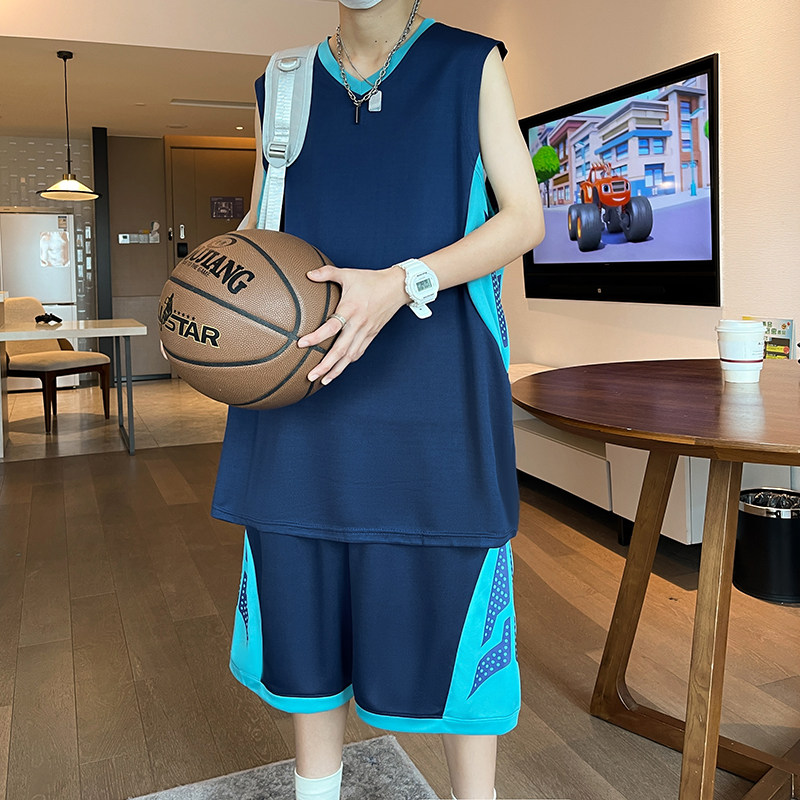 初高中学生篮球服套装男夏季无袖t恤背心帅气宽松冰丝短裤运动服