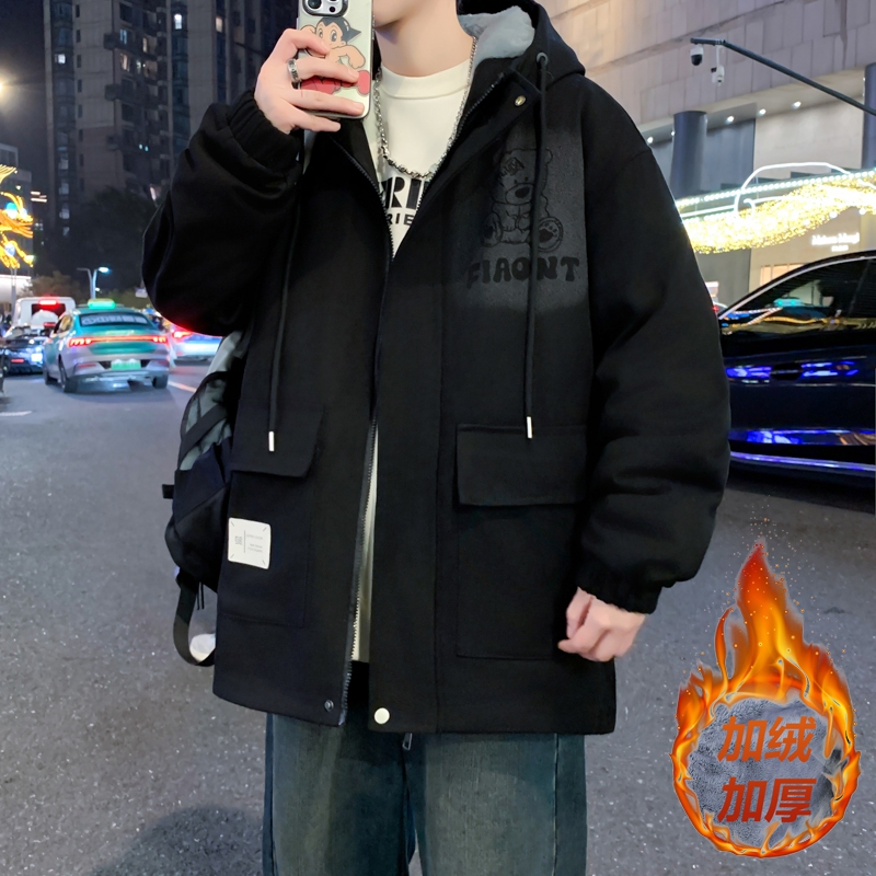 青少年冬季加绒牛仔外套男孩大童加厚保暖派克棉服初中生连帽夹克