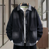 复古假两件外套男春秋季 高级感痞帅水洗牛仔夹克潮牌百搭宽松衬衣