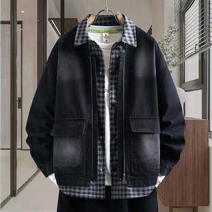 复古假两件外套男春秋季 高级感痞帅水洗牛仔夹克潮牌百搭宽松衬衣