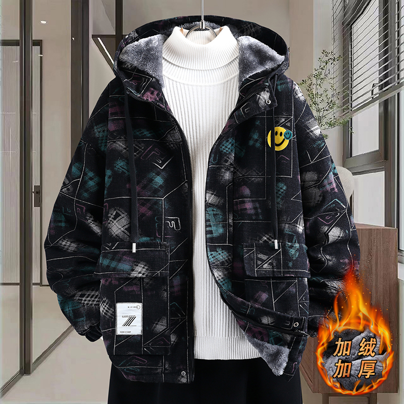 秋冬季加绒加厚外套男青少年牛仔夹克初高中学生潮流宽松休闲棉服