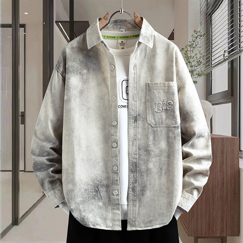 青少年纯棉长袖衬衫男春秋季高级感痞帅青少年牛仔外套男休闲夹克