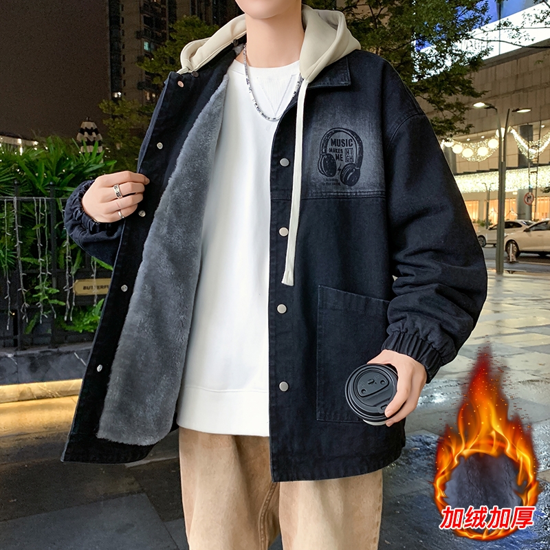 加绒牛仔外套男青少年秋冬季加厚保暖褂子酷帅男孩初高中学生夹克