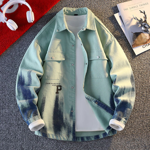 高级感痞帅牛仔外套男生春秋季扎染渐变色翻领夹克青少年男士衬衫
