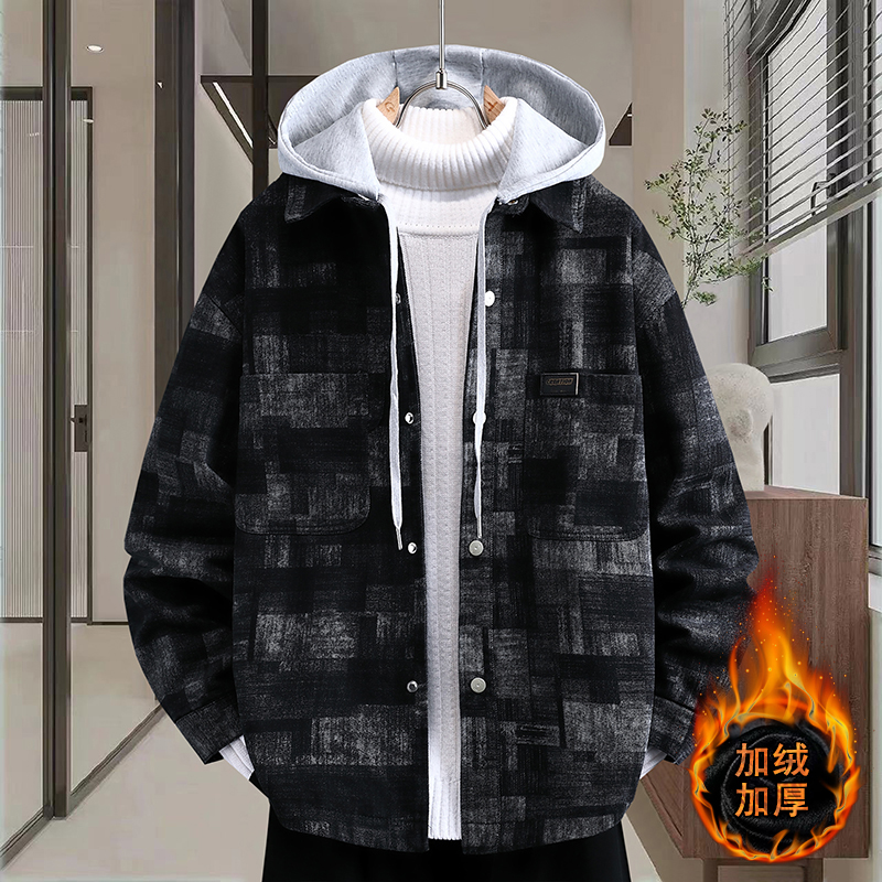 秋冬季加绒牛仔外套男生潮流宽松百搭连帽褂子青少年男装加厚夹克