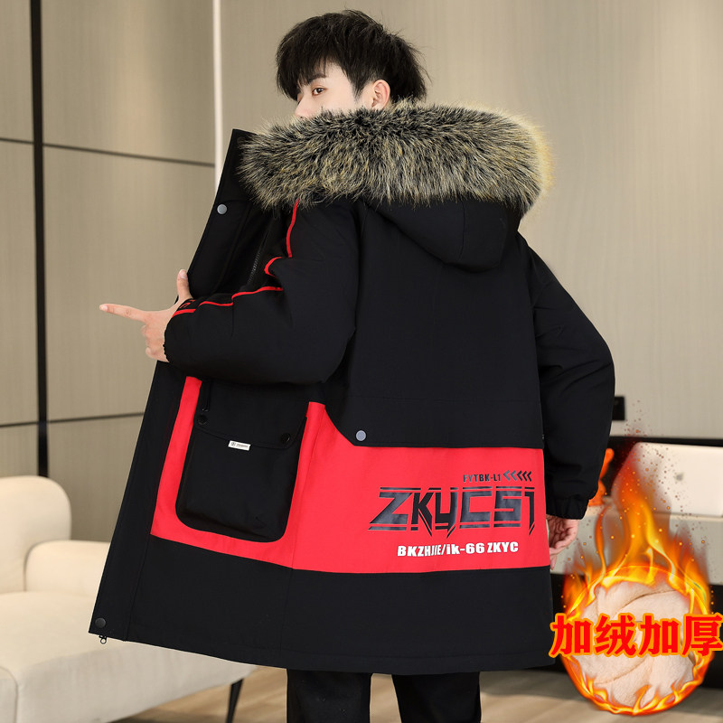 13岁青少年中长款棉衣14男孩冬季外套15初中生加绒加厚派克服棉袄