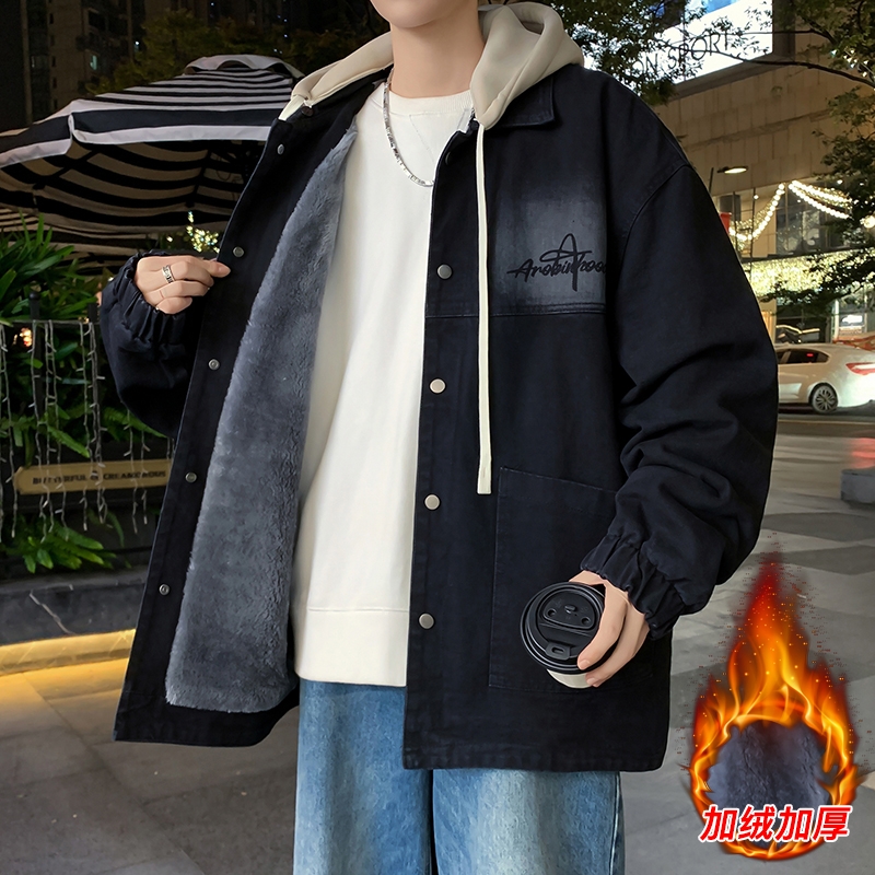 冬季加绒牛仔外套青少年男孩宽松休闲加厚夹克初高中学生大童棉服