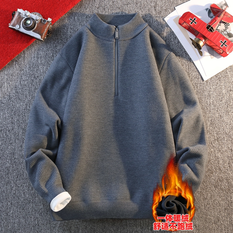 半高领拉链毛衣男冬季潮流百搭加绒加厚内搭针织衫男生一体绒线衣