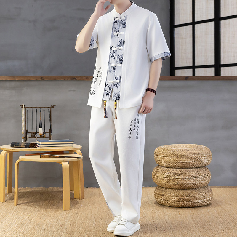新中式国风休闲套装男夏季薄款冰丝七分袖衬衫男款短袖长裤两件套图片