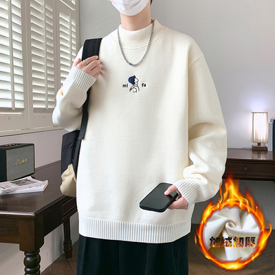 青少年半高领毛衣男秋冬季加绒加厚针织打底衫初中生内搭毛线衣服