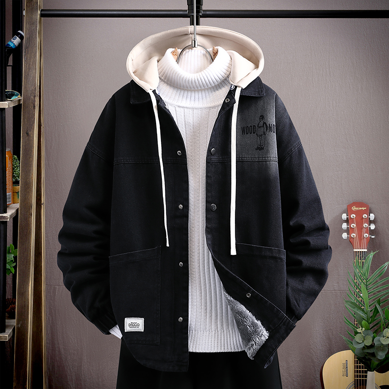 秋冬季13-18岁牛仔外套男孩初高中学生宽松休闲夹克加绒加厚上衣