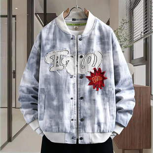 水洗刺绣牛仔外套男春秋季初中高中学生棒球服酷帅青少年大童夹克