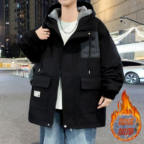 冬季12岁男孩加绒外套13初中生加厚牛仔夹克14青少年1516大童棉衣