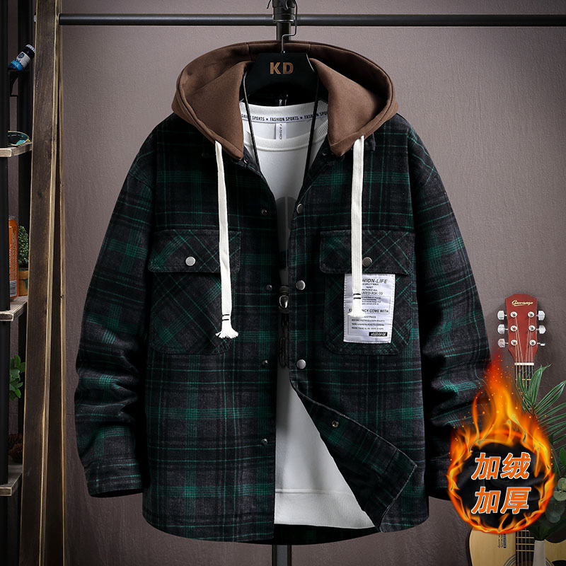 男士加绒牛仔外套秋冬季日系复古潮牌格子夹克青少年宽松连帽棉衣