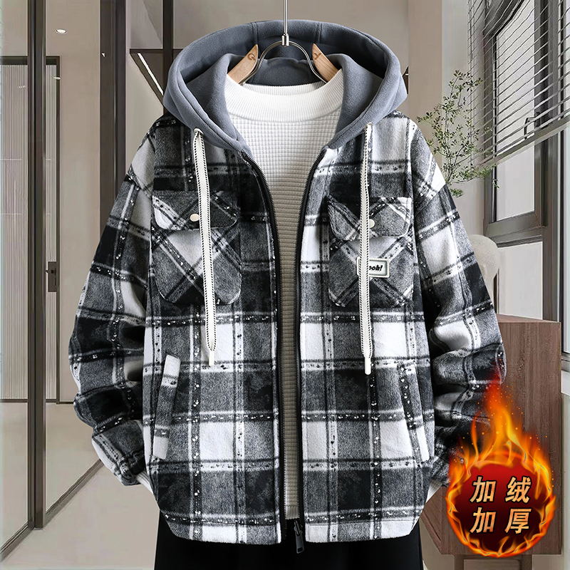 加绒加厚格子外套男冬季初高中学生两面穿夹克青少年大童男装棉衣