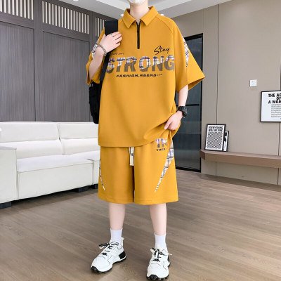 冰丝短袖t恤男夏季高级感痞帅POLO衫青少年男装学生潮流短裤套装