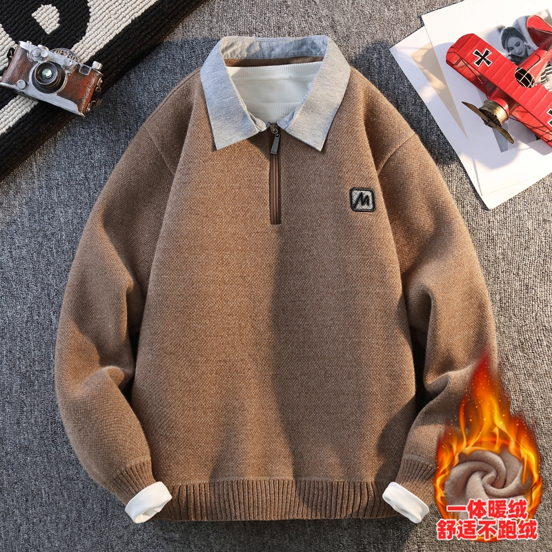 半拉链衬衫领毛衣男冬季加绒加厚针织衫高级感痞帅内搭保暖毛线衣