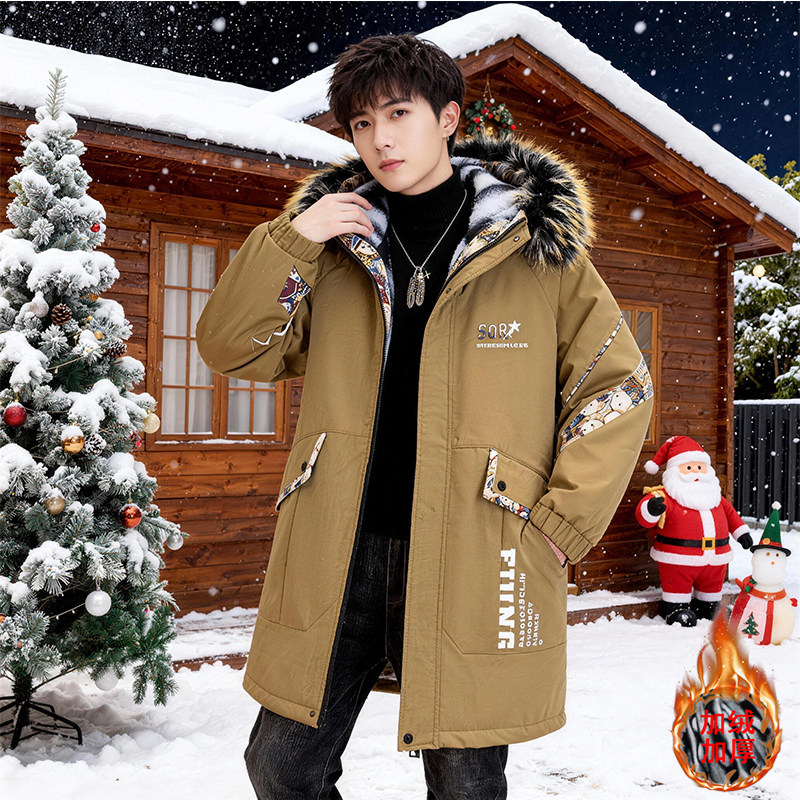 加绒加厚棉衣外套男士冬季中长款派克棉服青少年休闲男装防寒袄子