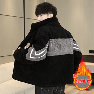 颗粒绒立领外套男秋冬季 初高中学生夹棉加厚夹克青少年羊羔绒棉衣