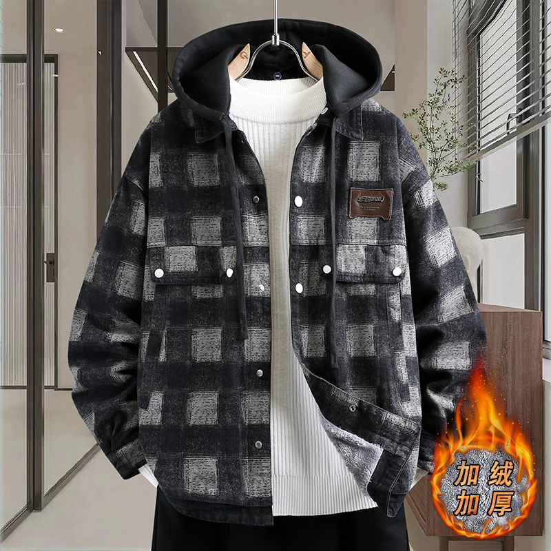 时尚格子外套男秋冬季初高中学生加绒加厚牛仔夹克青少年男孩褂子